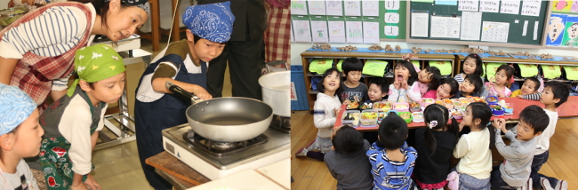 左・子ども料理教室：初めてのガス点火一年生児童、右・弁当の日：お弁当を囲み笑顔で記念撮影